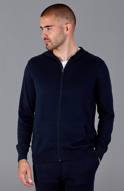 mens navy zip through hooded jumper