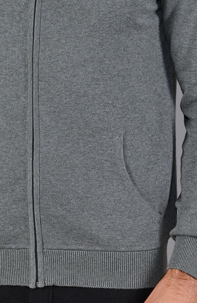 grey mens knitted hooded jumper with pockets