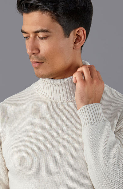 white mens cotton chunky roll neck jumper