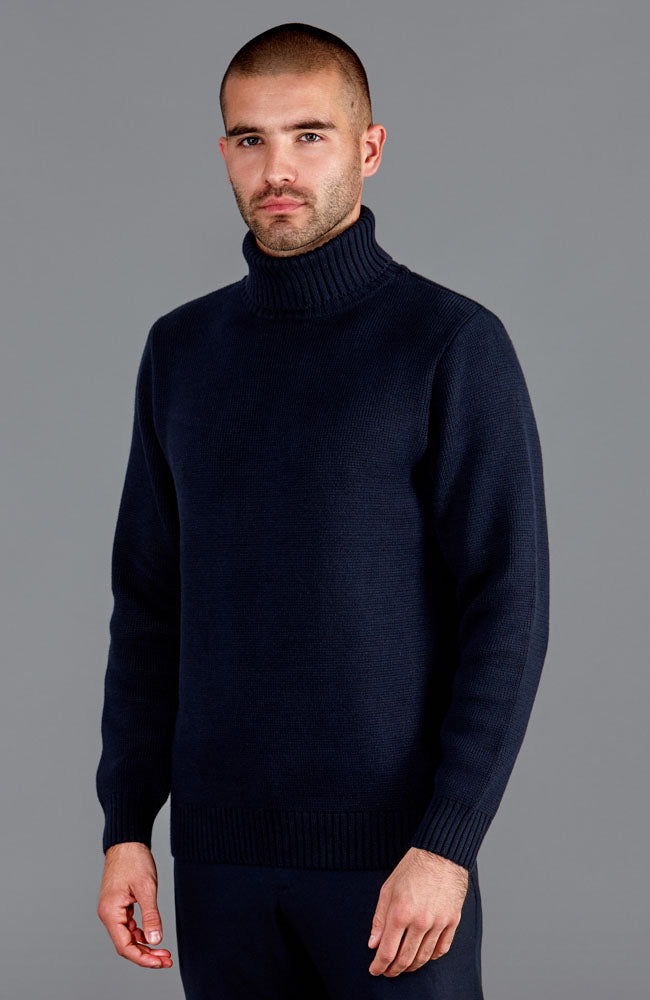 mens navy chunky cotton roll neck jumper
