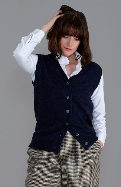 womens navy sleeveless wool cardigan with pockets