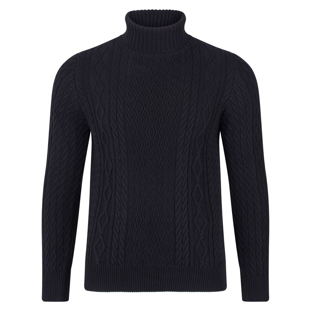 black mens chunky cable roll neck jumper