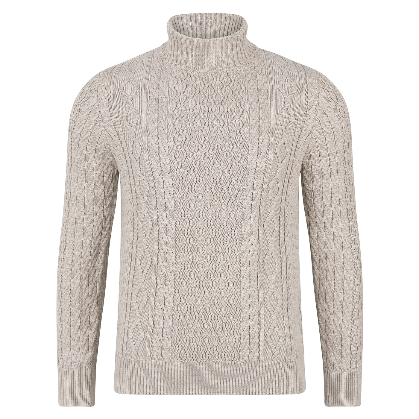 beige mens chunky cable roll neck jumper