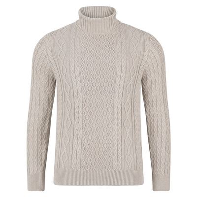 beige mens chunky cable roll neck jumper