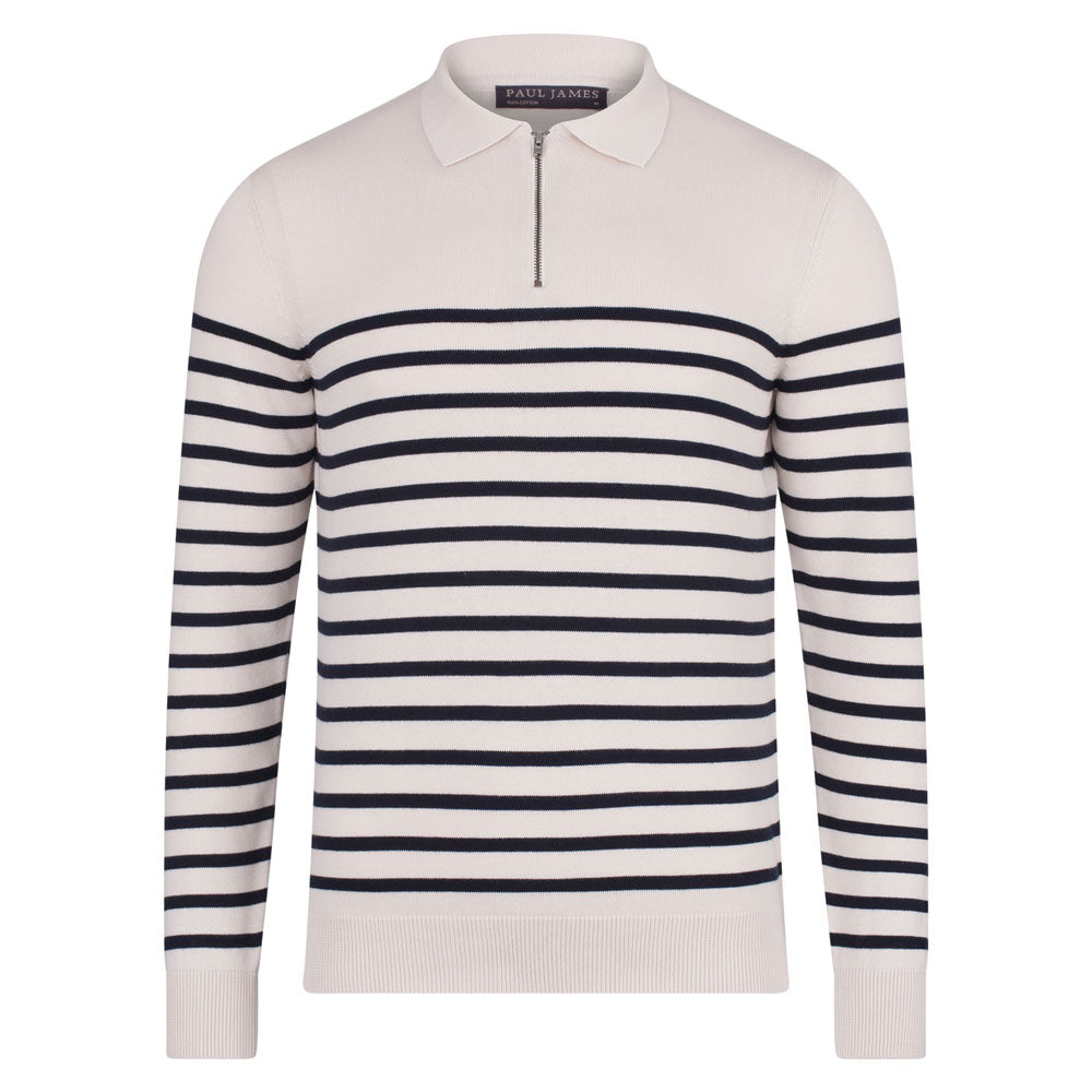 white mens breton stripe zip neck polo shirt