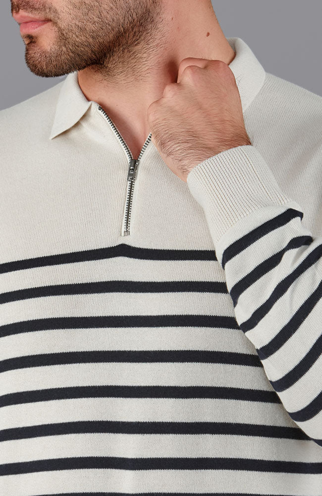 Leichtes Herren-Poloshirt aus 100 % Baumwolle mit Reißverschlusskragen und bretonischen Streifen
