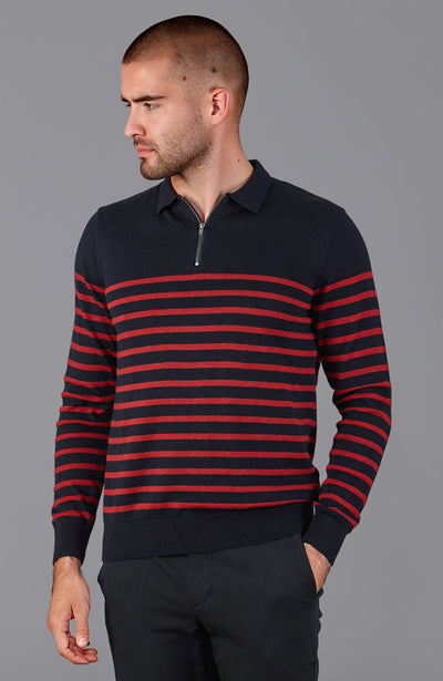 mens red navy zip neck breton sweater
