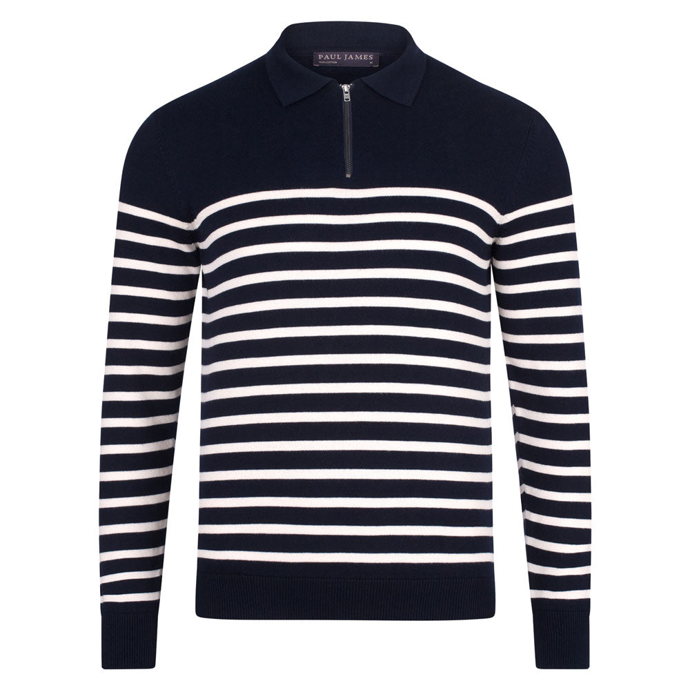 navy mens breton stripe zip neck polo shirt