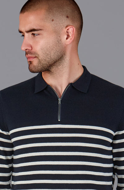 Leichtes Herren-Poloshirt aus 100 % Baumwolle mit Reißverschlusskragen und bretonischen Streifen