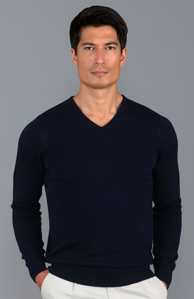 navy mens cotton v neck jumper