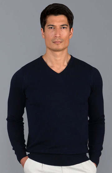 navy mens cotton v neck jumper