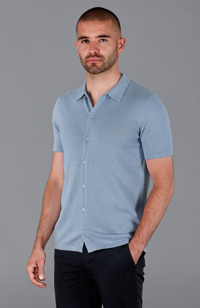 blue mens short sleeve knitted polo neck shirt