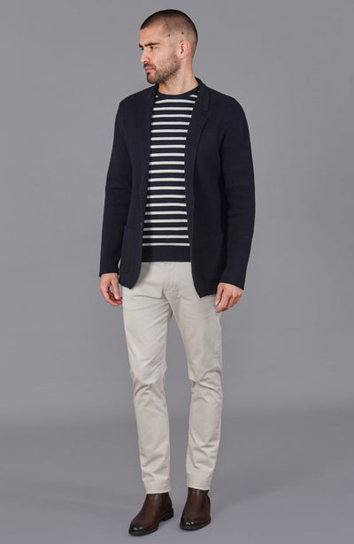 navy breton sweater with jacket