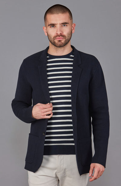 navy breton sweater with blazer
