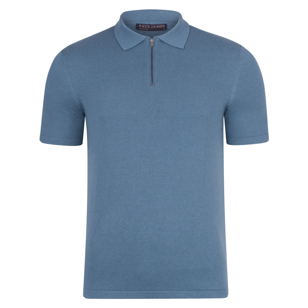 blue mens zip neck short sleeve polo shirt