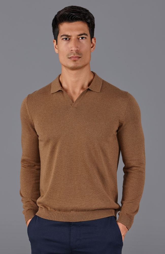 mens camel buttonless polo shirt
