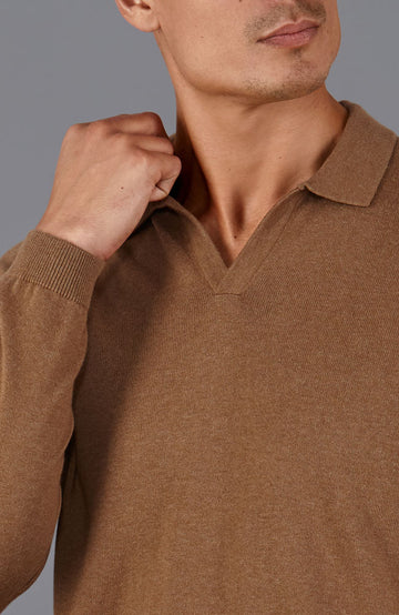 mens camel buttonless polo shirt