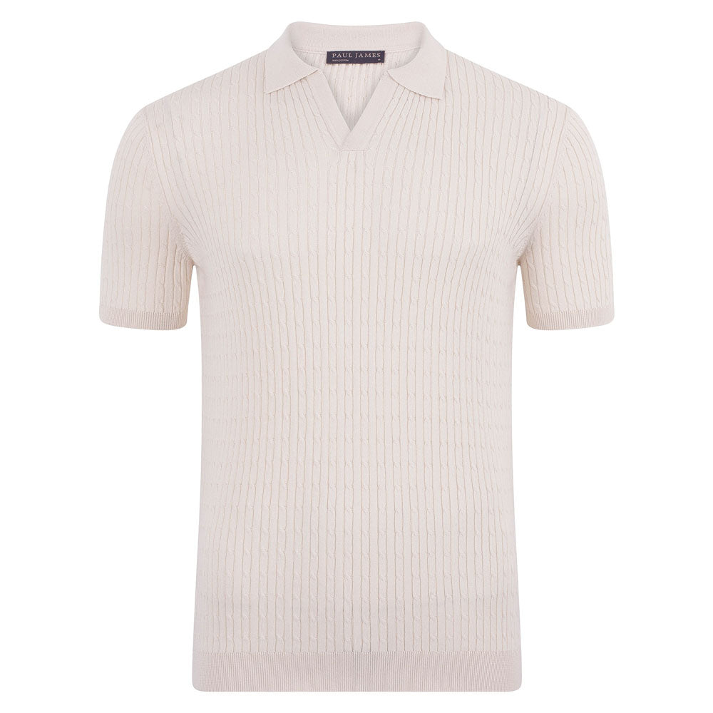 white mens cable open collar jumper