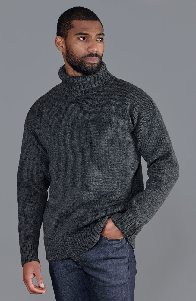grey mens chunky wool roll neck jumper