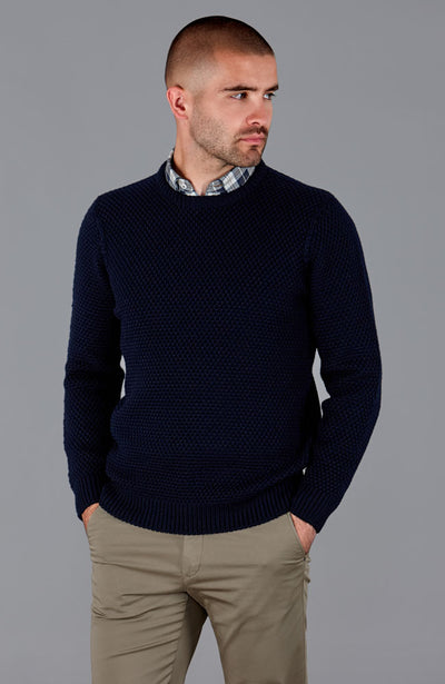 mens navy round neck chunky wool warm jumper