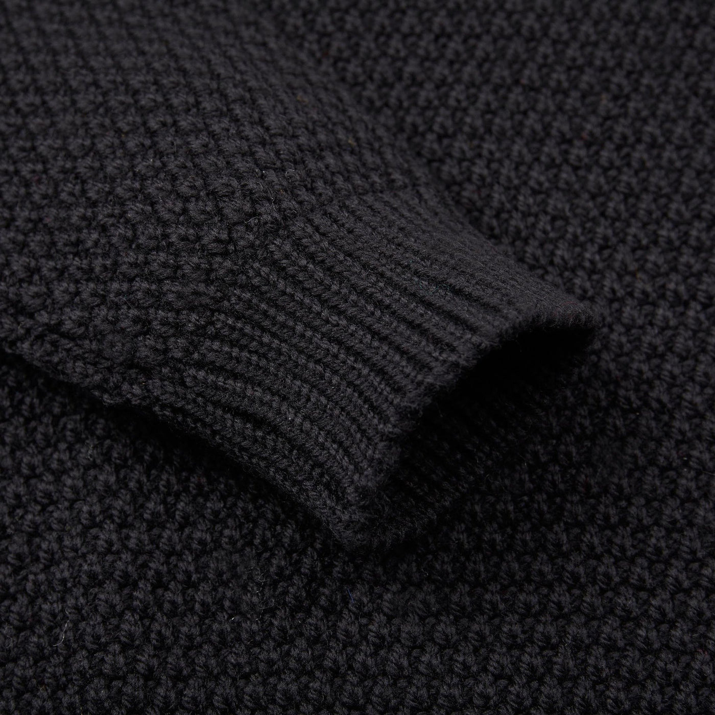 Mens merino wool roll neck moss stitch jumper black sleeve detail 