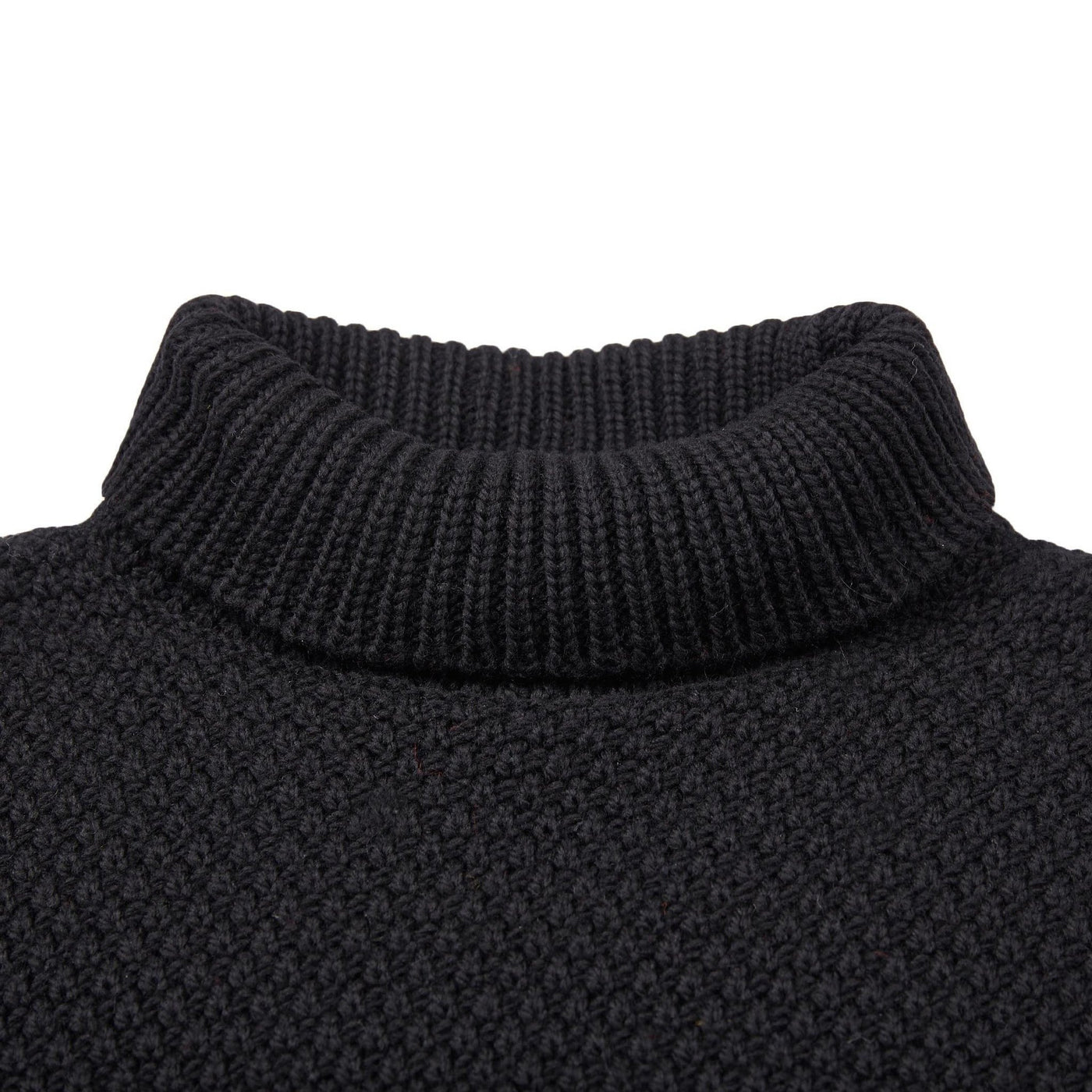 Mens merino wool roll neck moss stitch jumper black roll neck detail