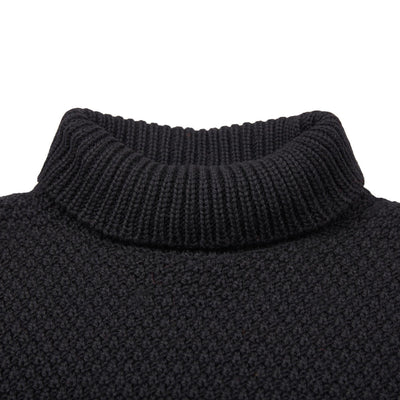 Mens merino wool roll neck moss stitch jumper black roll neck detail