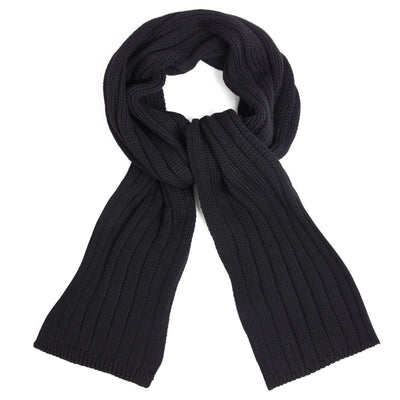 Unisex black wide ribbed merino wool scarf close up