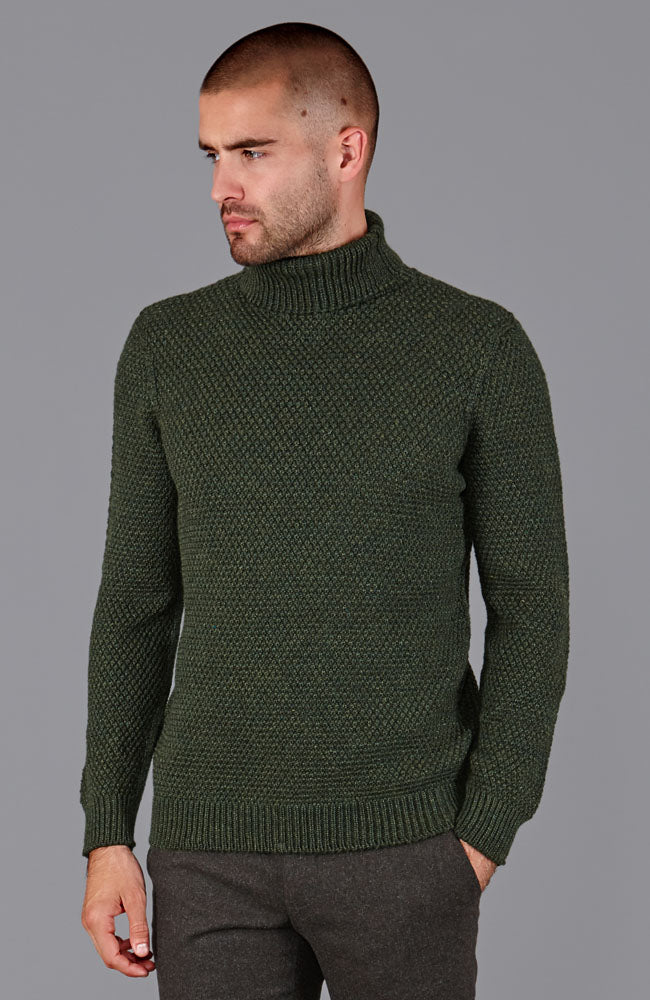green mens wool fisherman roll neck jumper