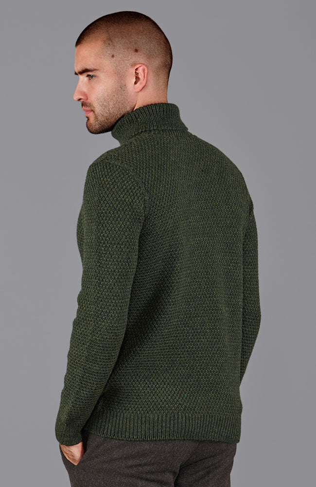 green mens wool fisherman roll neck jumper