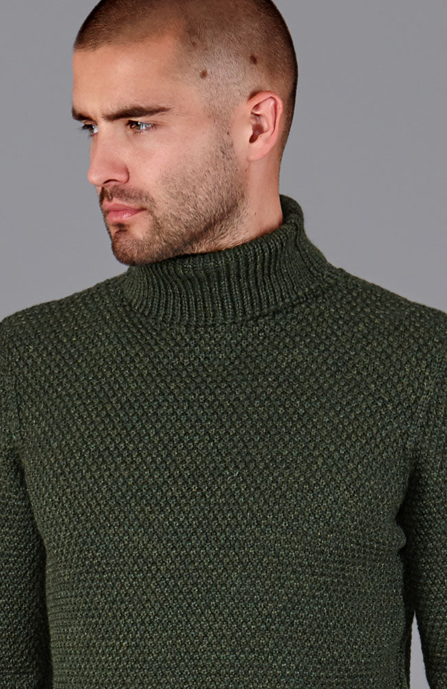 green mens warm wool chunky roll neck jumper