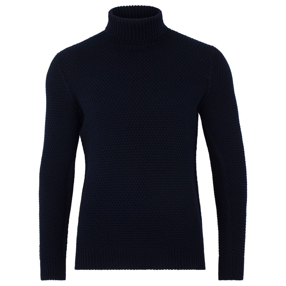 mens navy winter chunky merino wool roll neck jumper made in engalnd