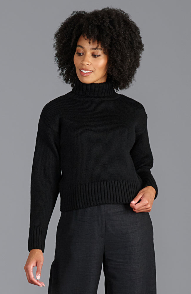 womens black crop roll neck merino wool winter jumper