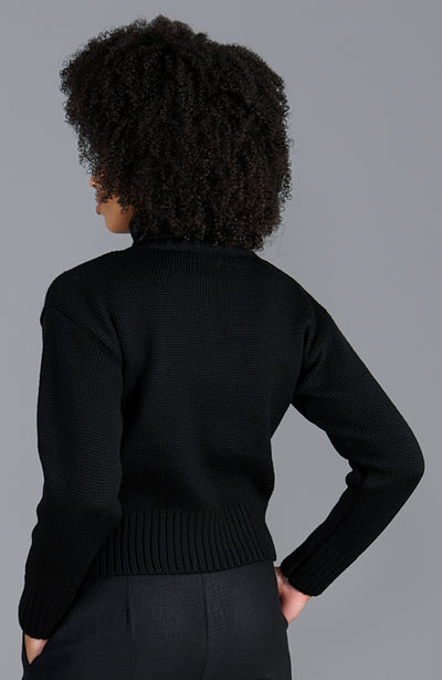 womens black crop roll neck merino wool winter jumper back
