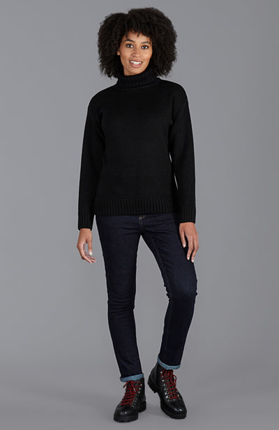 womens black chunky roll neck merino wool winter jumper