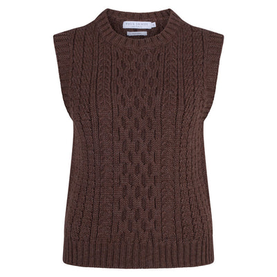 brown womens wool sleeveless cable jumper