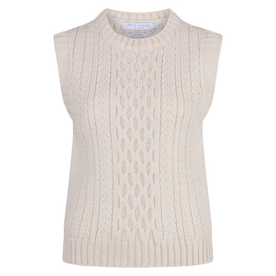 white womens wool sleeveless cable jumper