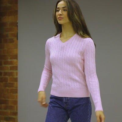 womens soft pink cotton cable jumper