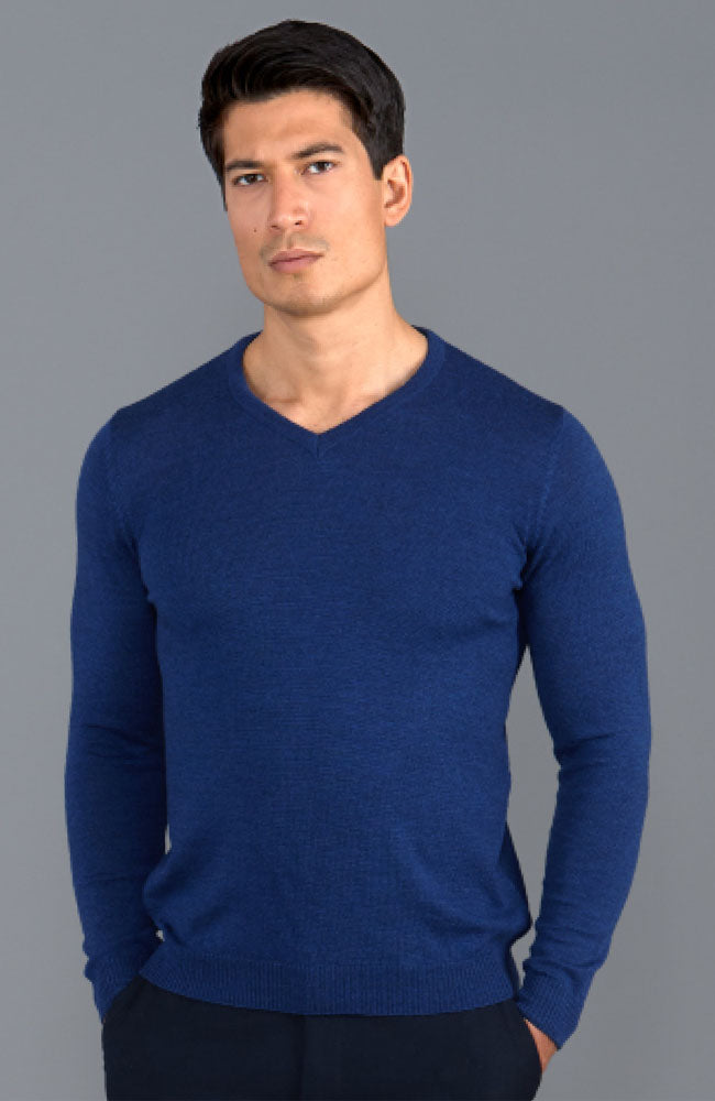 Indigo mens merino wool v-neck jumper by Paul James
