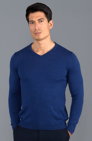 Indigo mens merino wool v-neck jumper by Paul James