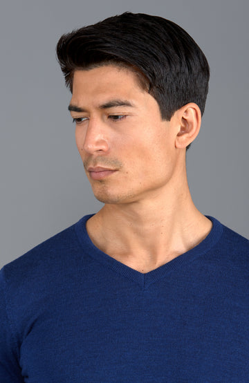 mens quality blue v neck winter merino wool jumper by Paul James