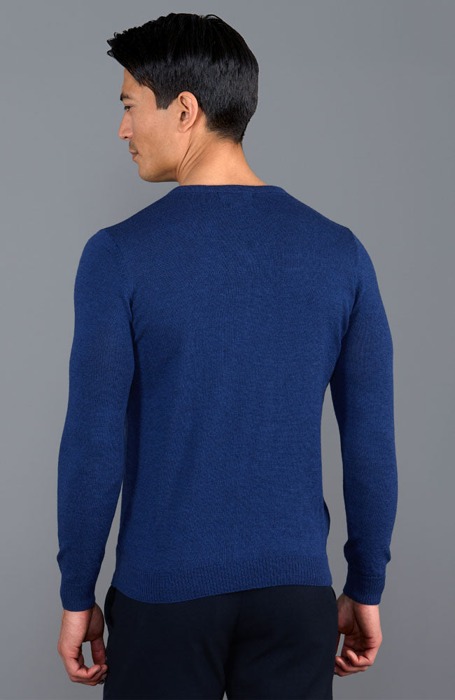 Indigo mens merino wool v-neck jumper by Paul James