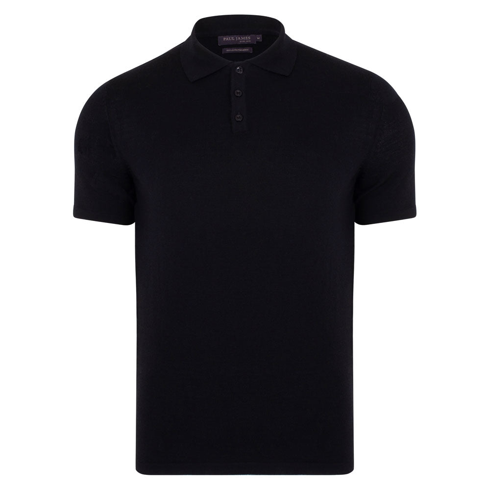 mens black extra fine merino wool short sleevve polo-shirt