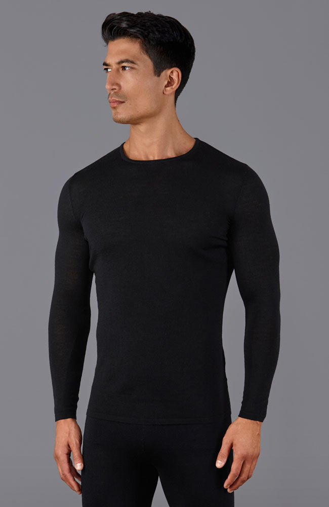 mens black merino wool base layer top