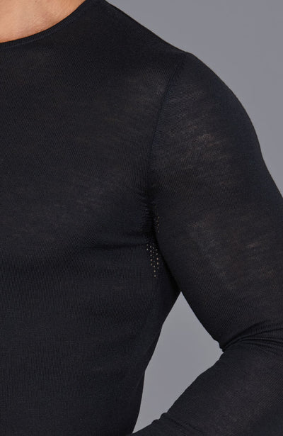 mens black perforated merino wool base layer top