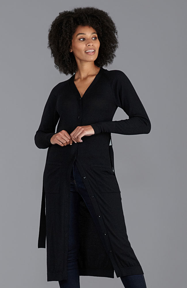 Black womens long line cardigan dress with tie waist by Paul James