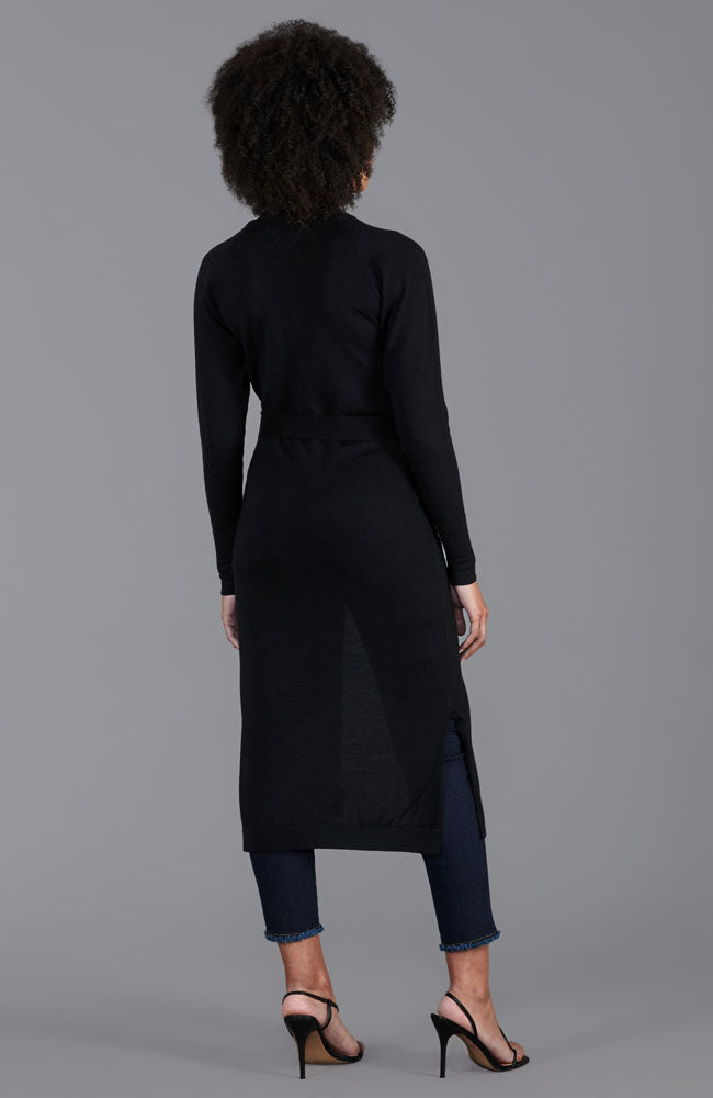 Black womens long line cardigan dress with tie waist by Paul James