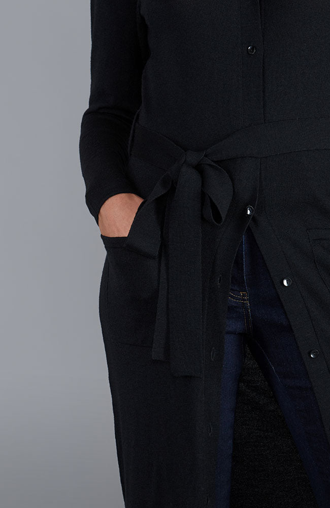 Black womens long line cardigan dress with tie waist by Paul James