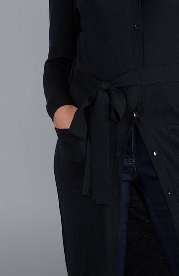 Black womens long line cardigan dress with tie waist by Paul James