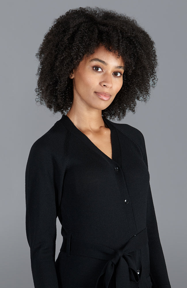 Black womens long line cardigan dress with tie waist by Paul James